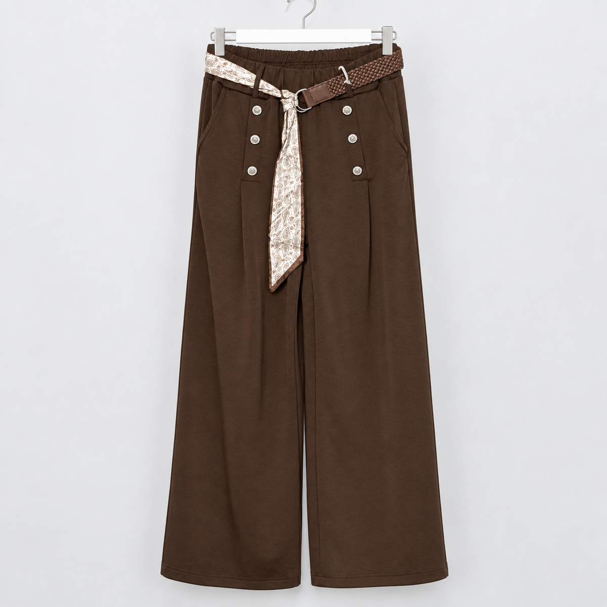 Marlenehose mit Schmuckknöpfen und Gürtel | Gr. 42-46 | Dunkelblau und Braun