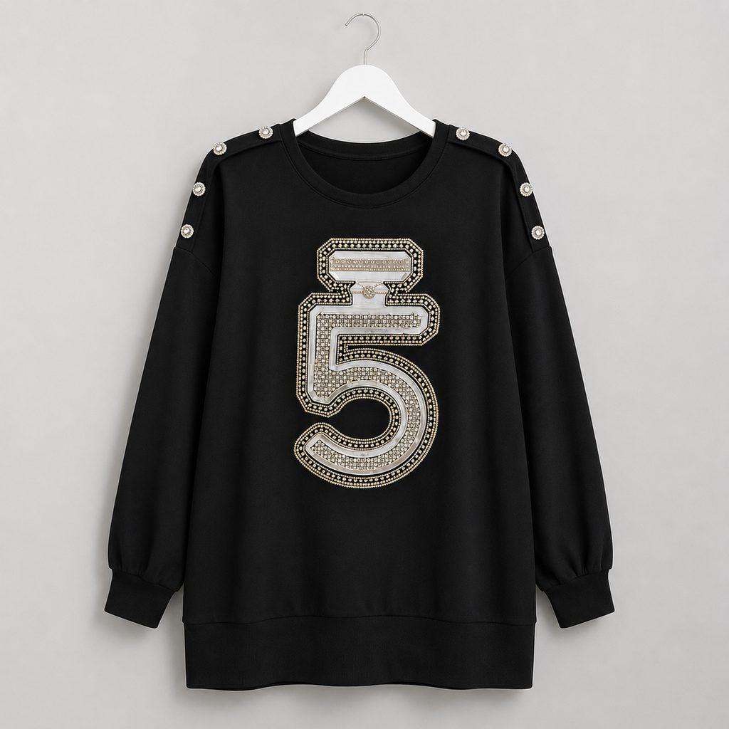Damen-Sweatshirt mit Strass-Applikation und Schulterknöpfen | Gr. 40-46 | Schwarz