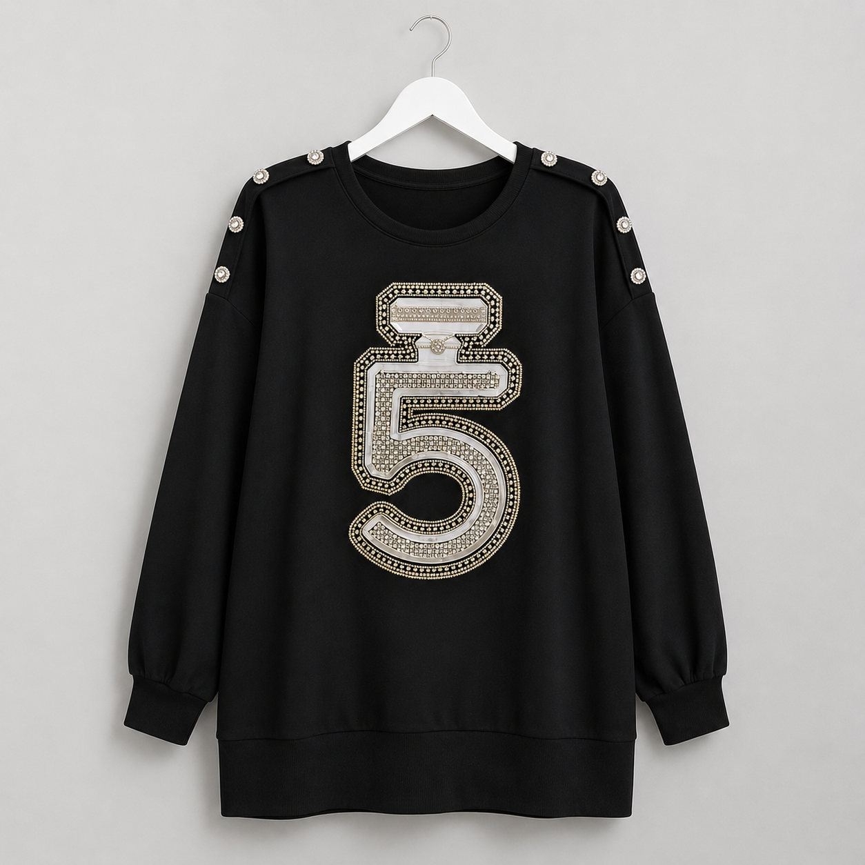 Damen-Sweatshirt mit Strass-Applikation und Schulterknöpfen | Gr. 40-46 | Schwarz