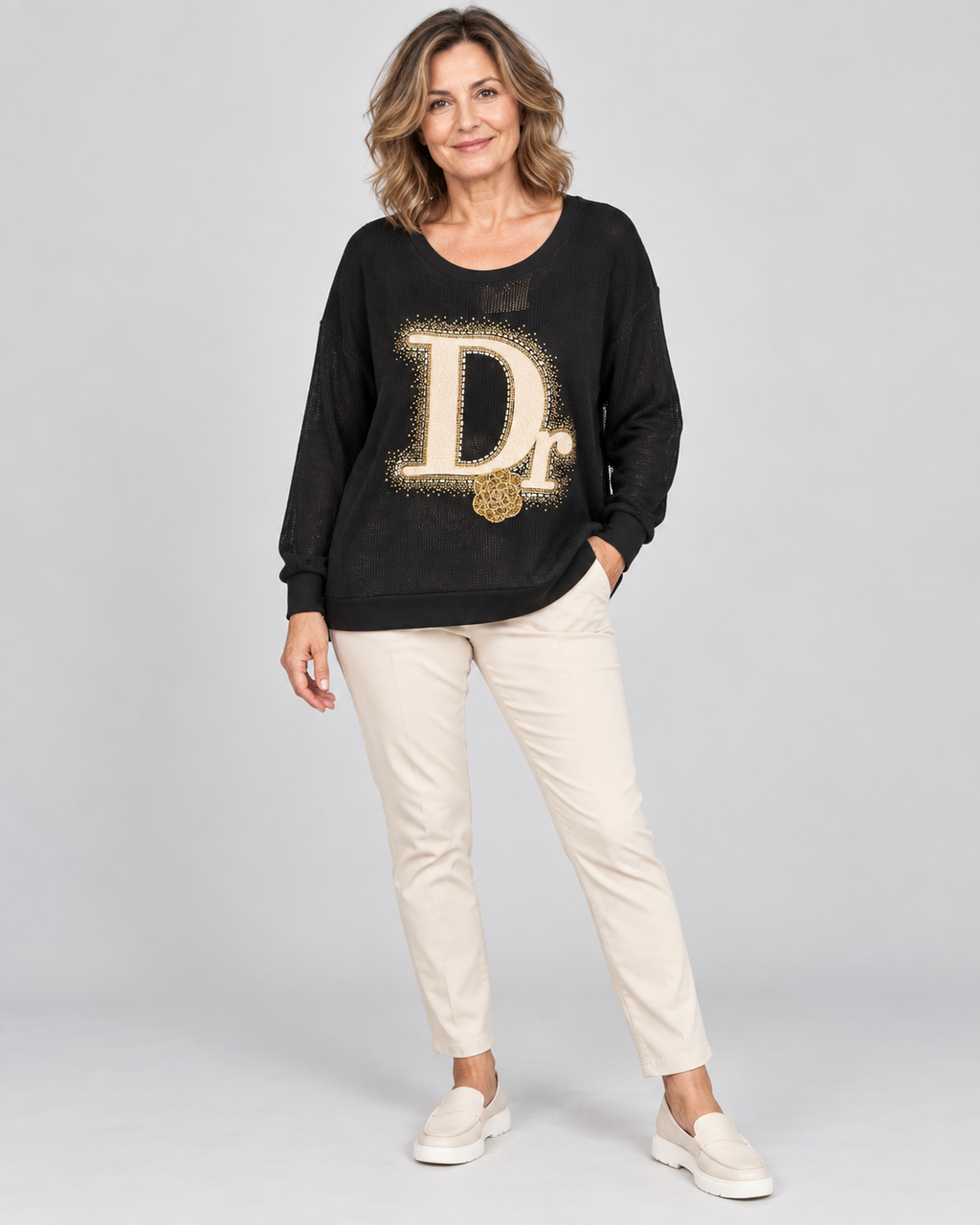 Oversize-Shirt mit Netzstruktur und Glitzer-Applikation | Gr. 40–44 | Schwarz und Taupe