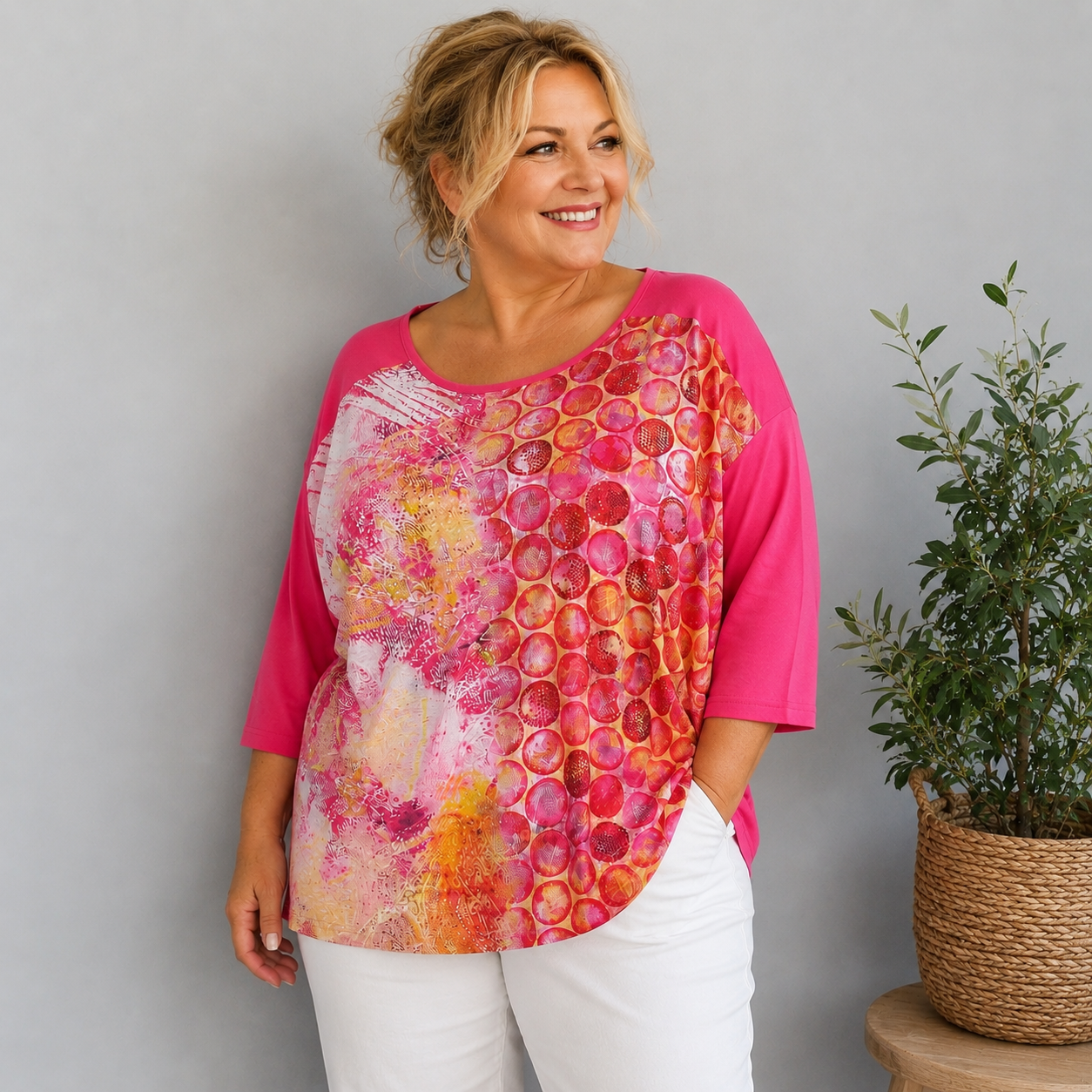 Damen-Shirt in Pink mit modernem Print und Glitzerdetails