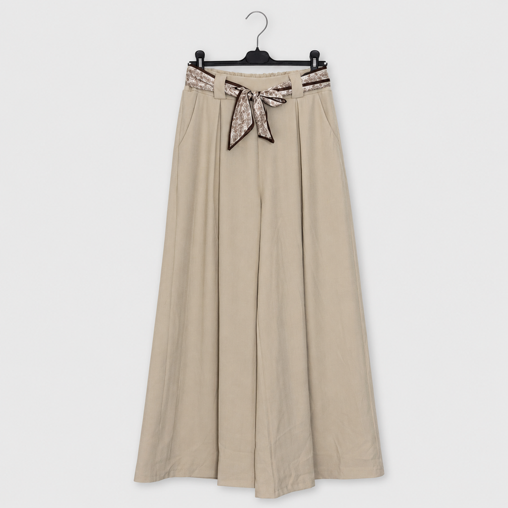 Marlenehose mit gemustertem Bindegürtel-Beige-Gr. 40-46