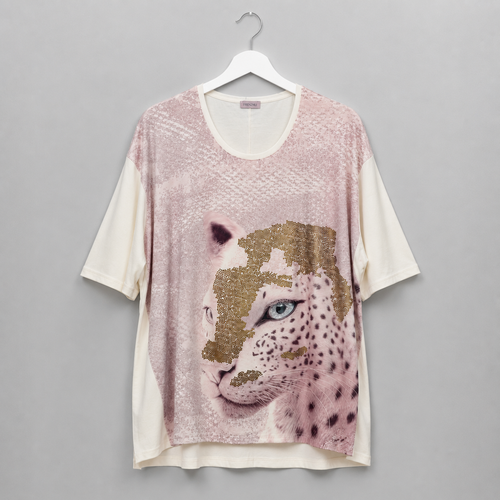 Damen-Shirt mit Leopardenmotiv & Glitzerdetails in Weiß/Rose´