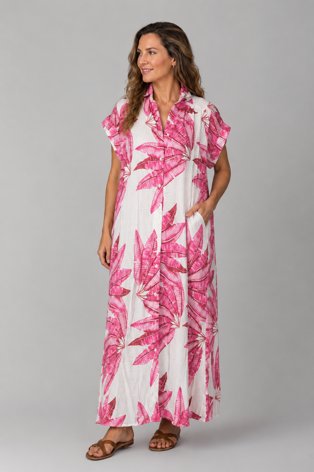 V Milano Italy Blusenkleid mit Taschen und Bindegürtel | Pink-Weißes Tropical-Design | Größe L
