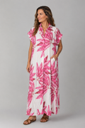 V Milano Italy Blusenkleid mit Taschen und Bindegürtel | Pink-Weißes Tropical-Design | Größe L