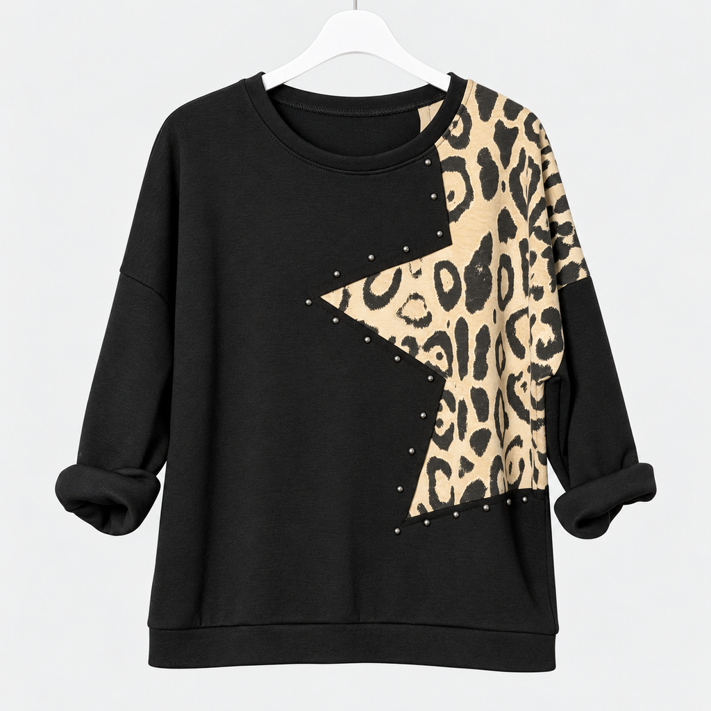 Made in Italy Shirt mit Leo-Einsatz und Nieten | Gr. 40-46 | Schwarz und Cremeweiß