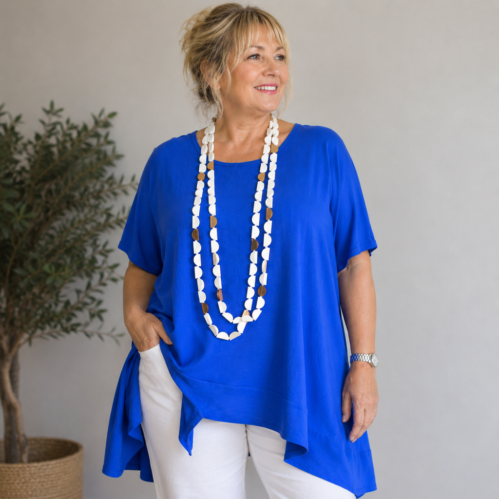 Königsblaues Longshirt aus Viskose mit Statement-Kette Gr. XXL