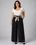 Marlenehose mit gemustertem Bindegürtel -Schwarz-Gr. 40-46