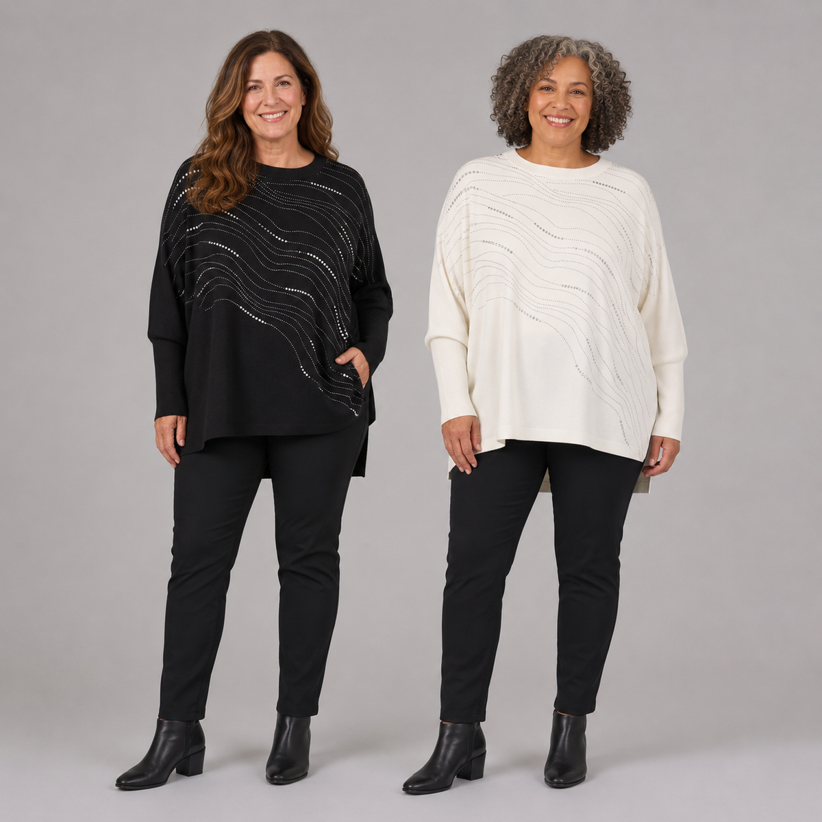 Oversize-Pullover mit funkelndem Wellenmuster - Schwarz-Offweiß-Gr. 42-52