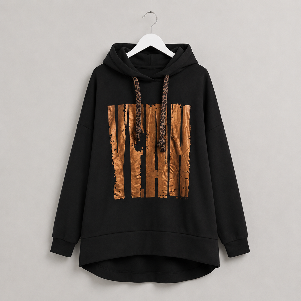 Oversize-Damenhoodie mit Metallic-Print | Curvy | Gr. 44-50 | Rückseite länger -Schwarz