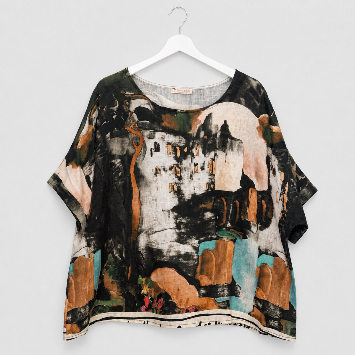 Italienische Leinenbluse mit mediterranem Kunstdruck  | Gr. 40-46