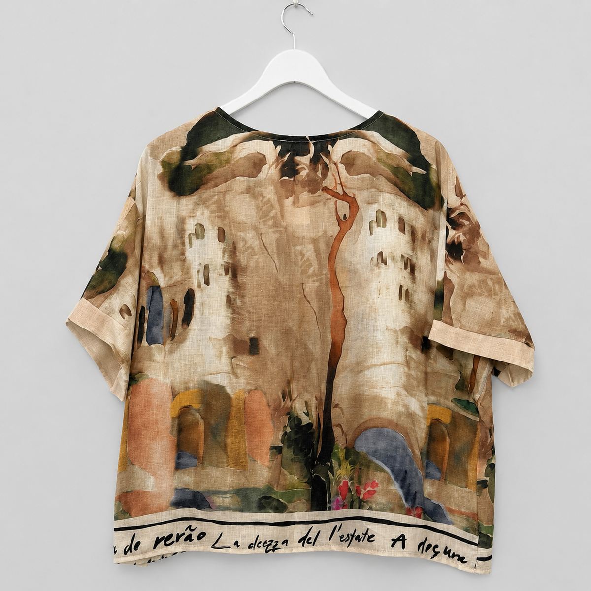 Italienische Leinenbluse mit mediterranem Kunstdruck  | Gr. 40-46