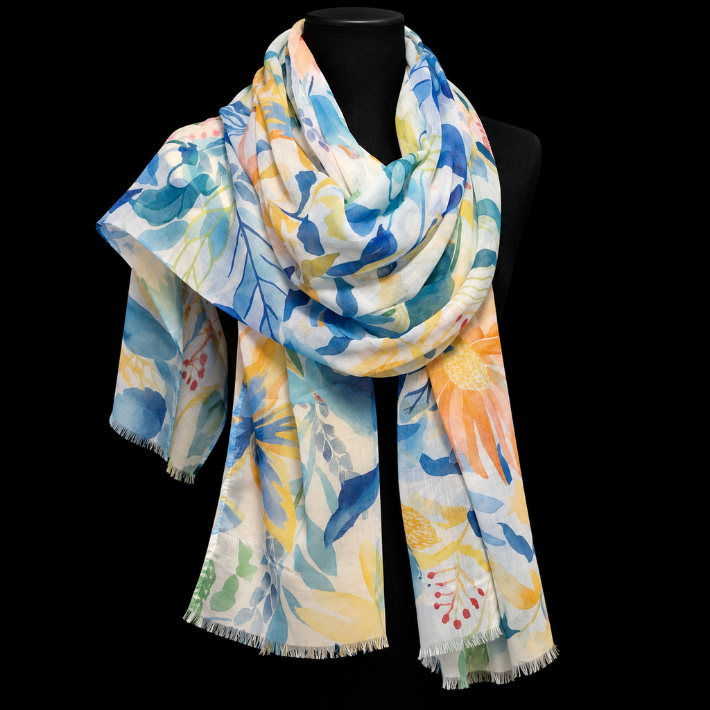Tuch mit floralem Muster in Blau und Gelb, 80 x 180 cm