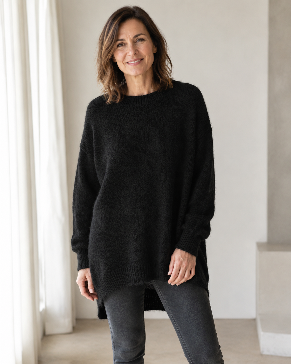 Oversize-Strickpullover in Creme und Schwarz mit Wollanteil | Gr. 38-44