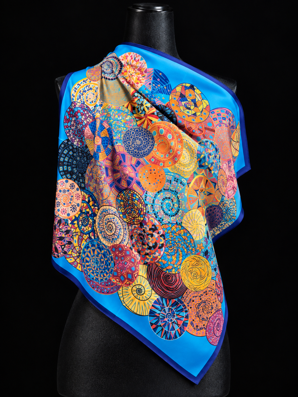 Leichtes Viskose-Tuch in Blau mit Mandala-Print 55 x 55 cm