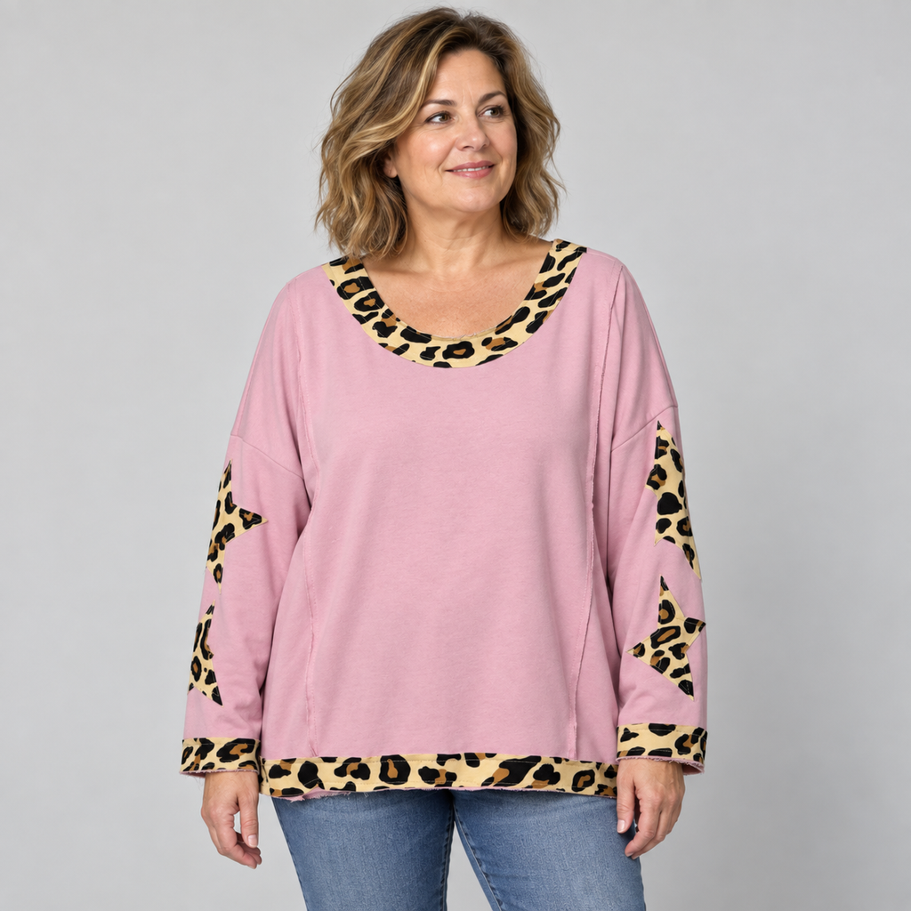 Oversize-Shirt mit Leo-Sternen | Gr. 44-48 | Schwarz und Rosa