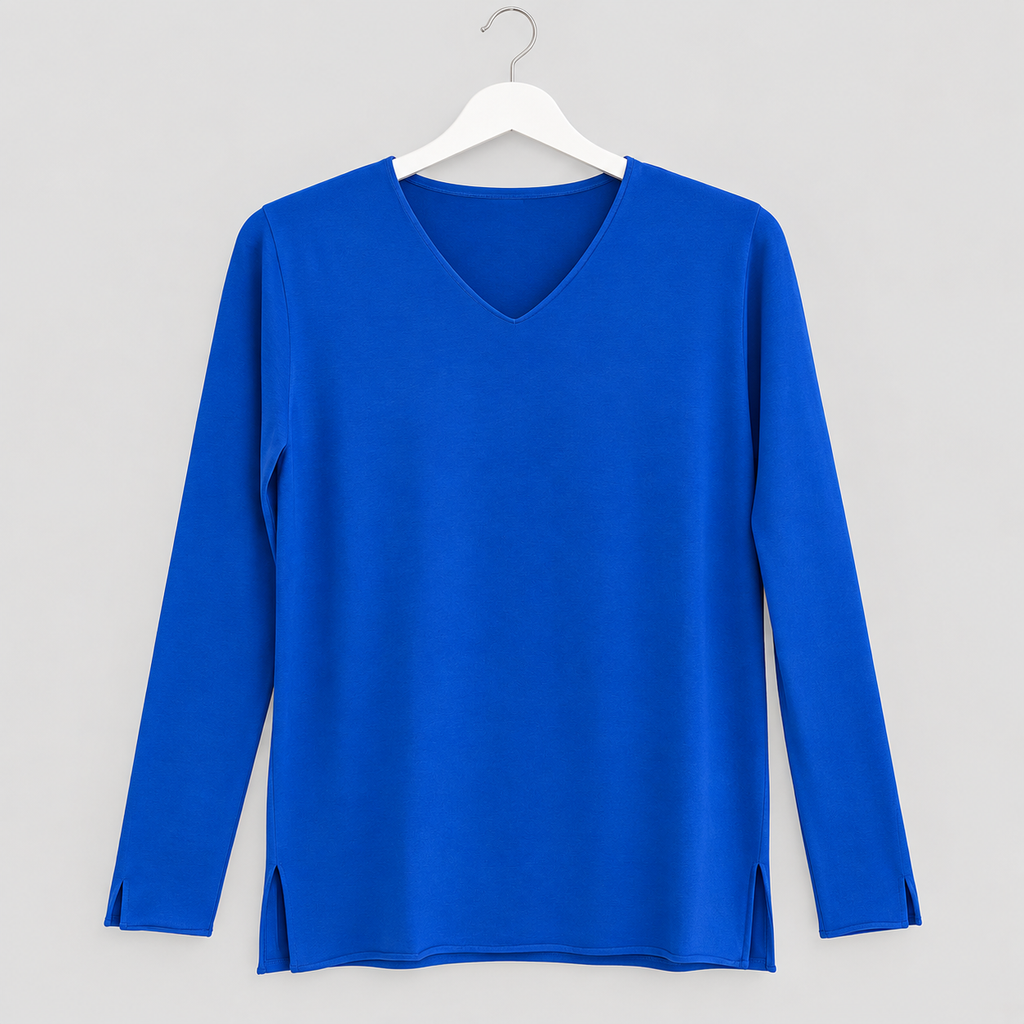 Langarmshirt in Königsblau mit V-Ausschnitt | Gr. 36-38