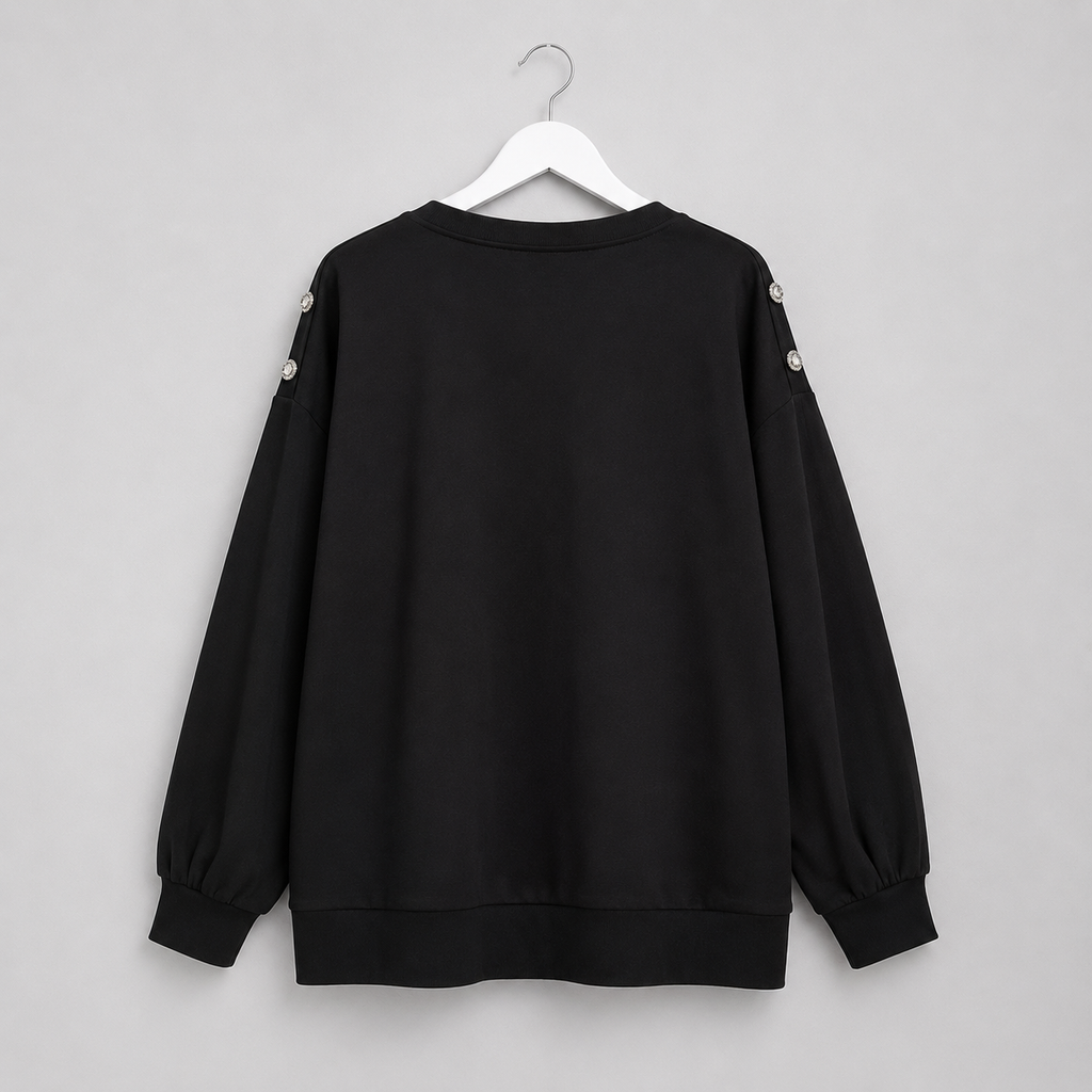 Damen-Sweatshirt mit Strass-Applikation und Schulterknöpfen | Gr. 40-46 | Schwarz