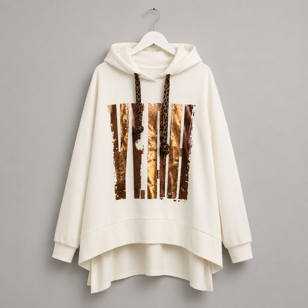 Oversize-Damenhoodie mit Metallic-Print | Curvy | Gr. 44-50 | Rückseite länger - Creme