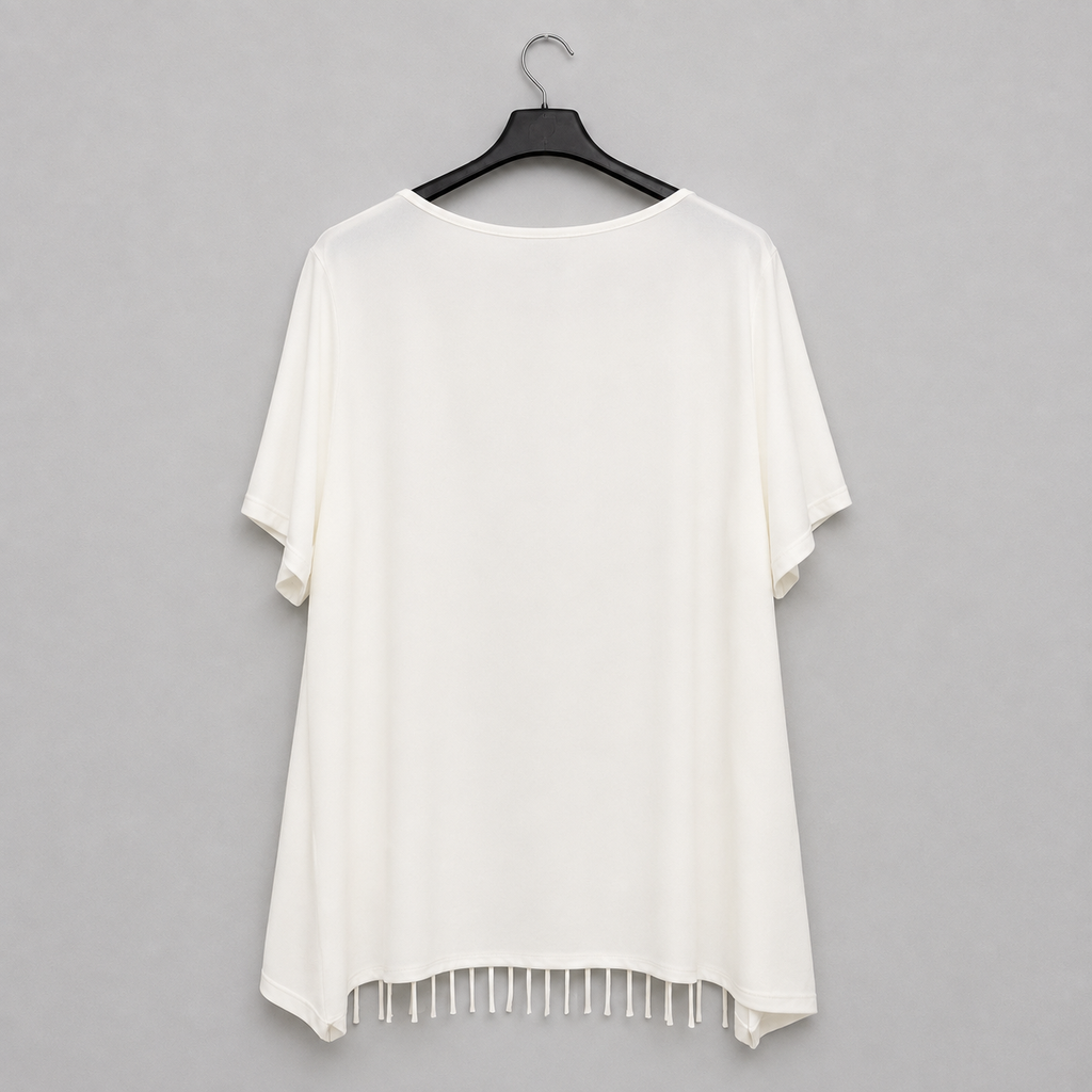 Weißes Shirt mit Stern-Applikation und Fransen  Gr. 40-50