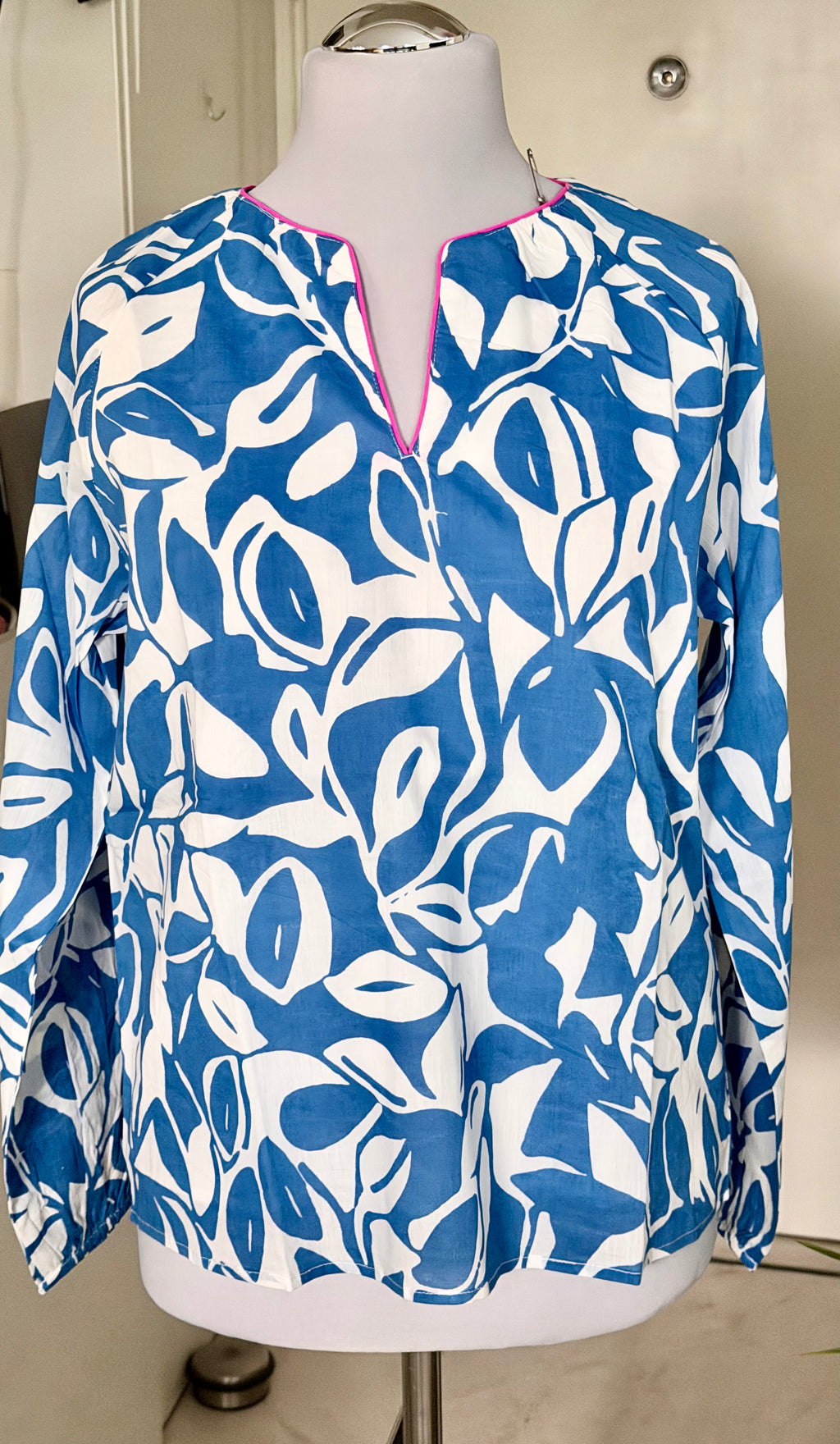 Zwillingsherz Bluse/Tunika | Weiß/Blau mit pinken Akzent |  Gr. S/M | 100 % Baumwolle