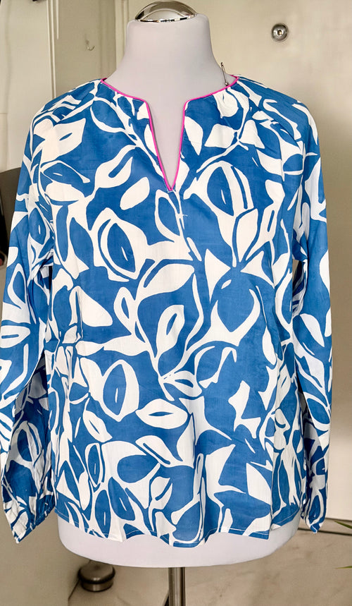 Bluse/Tunika weiß-blau mit pinkem Akzent, S/M, Baumwolle