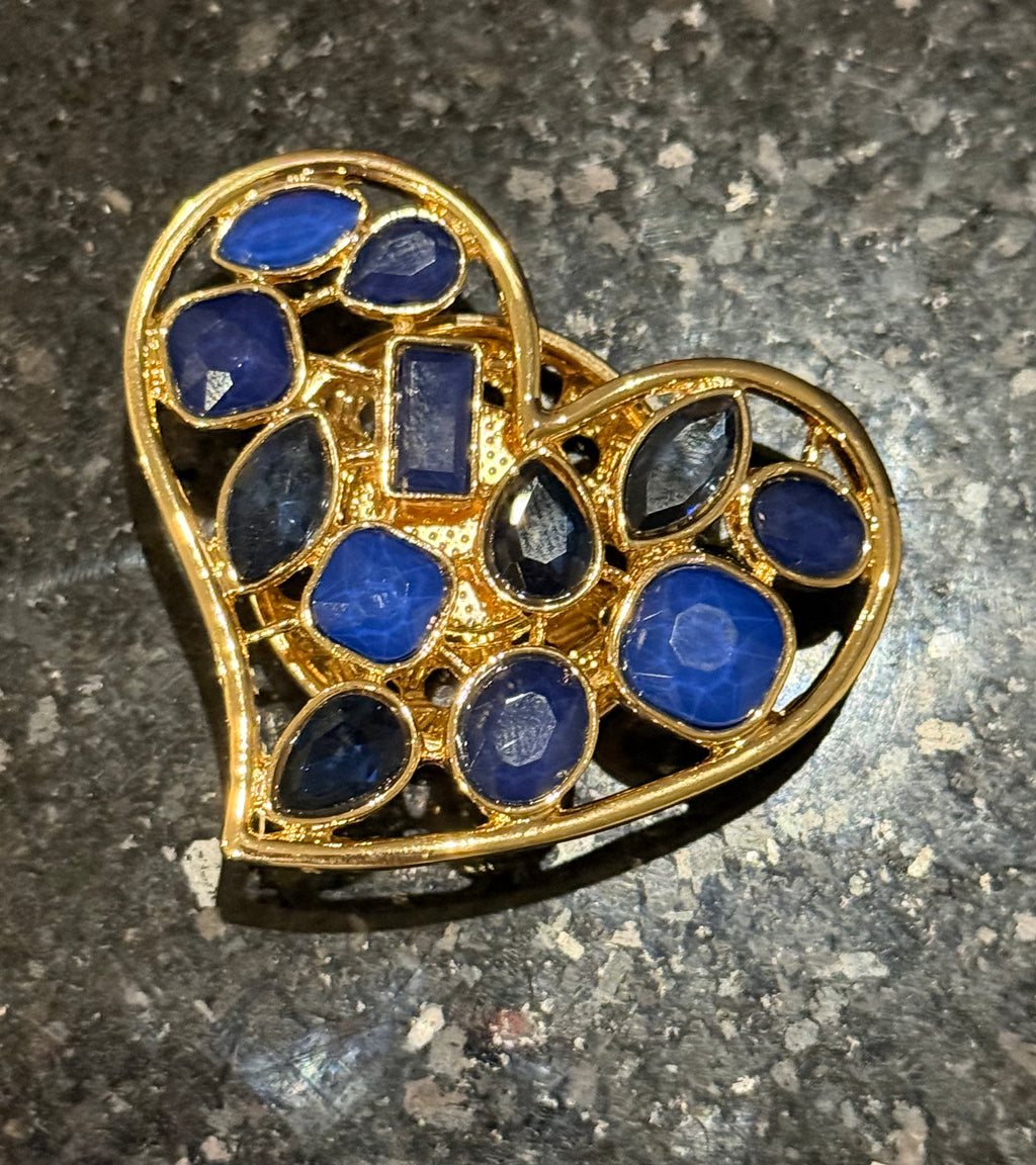 Herzbrosche/Schalclip  in Gold mit blauen Schmucksteinen
