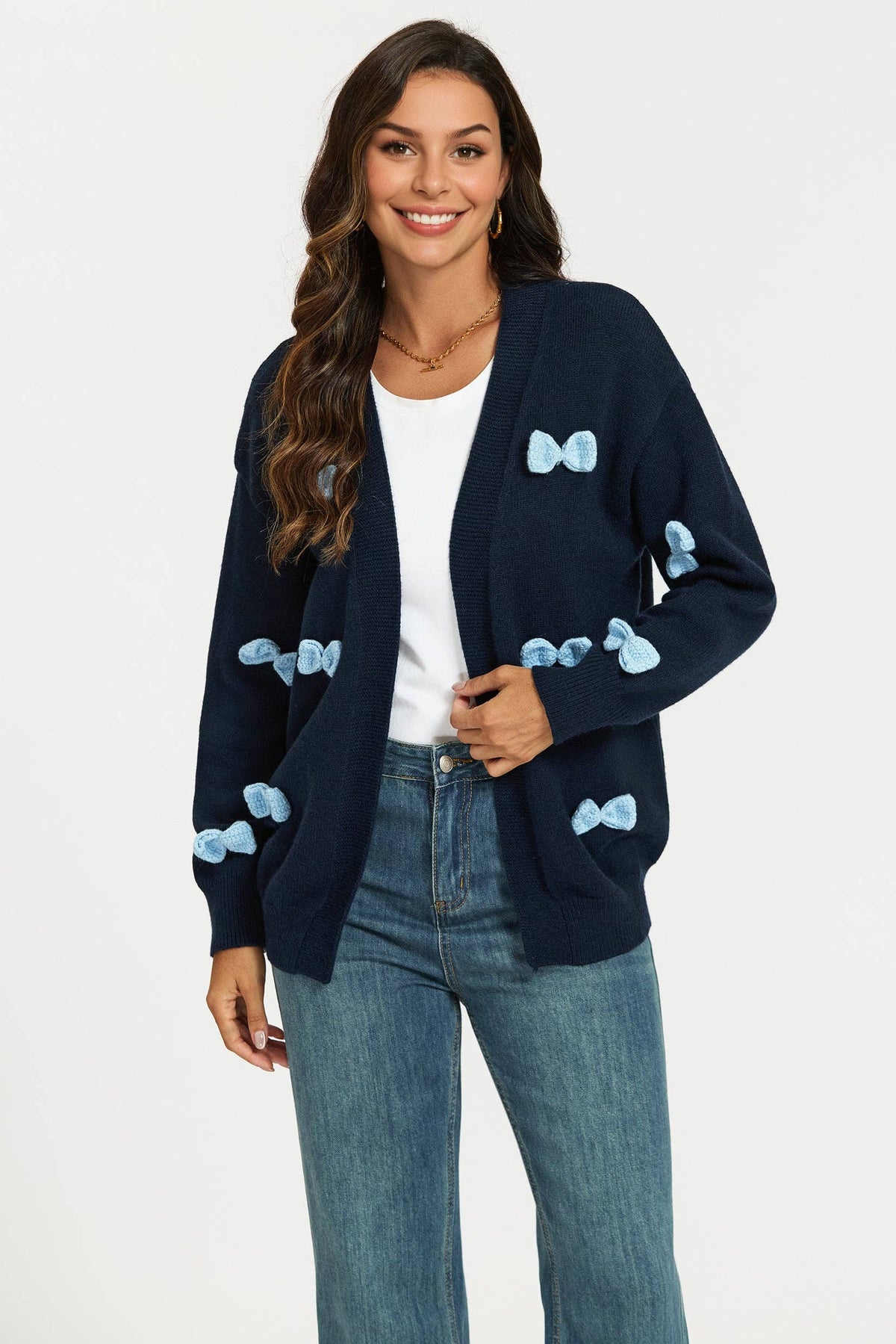 Dunkelblaue Strickjacke mit hellblauer 3D‑Schleife Gr. 38-40