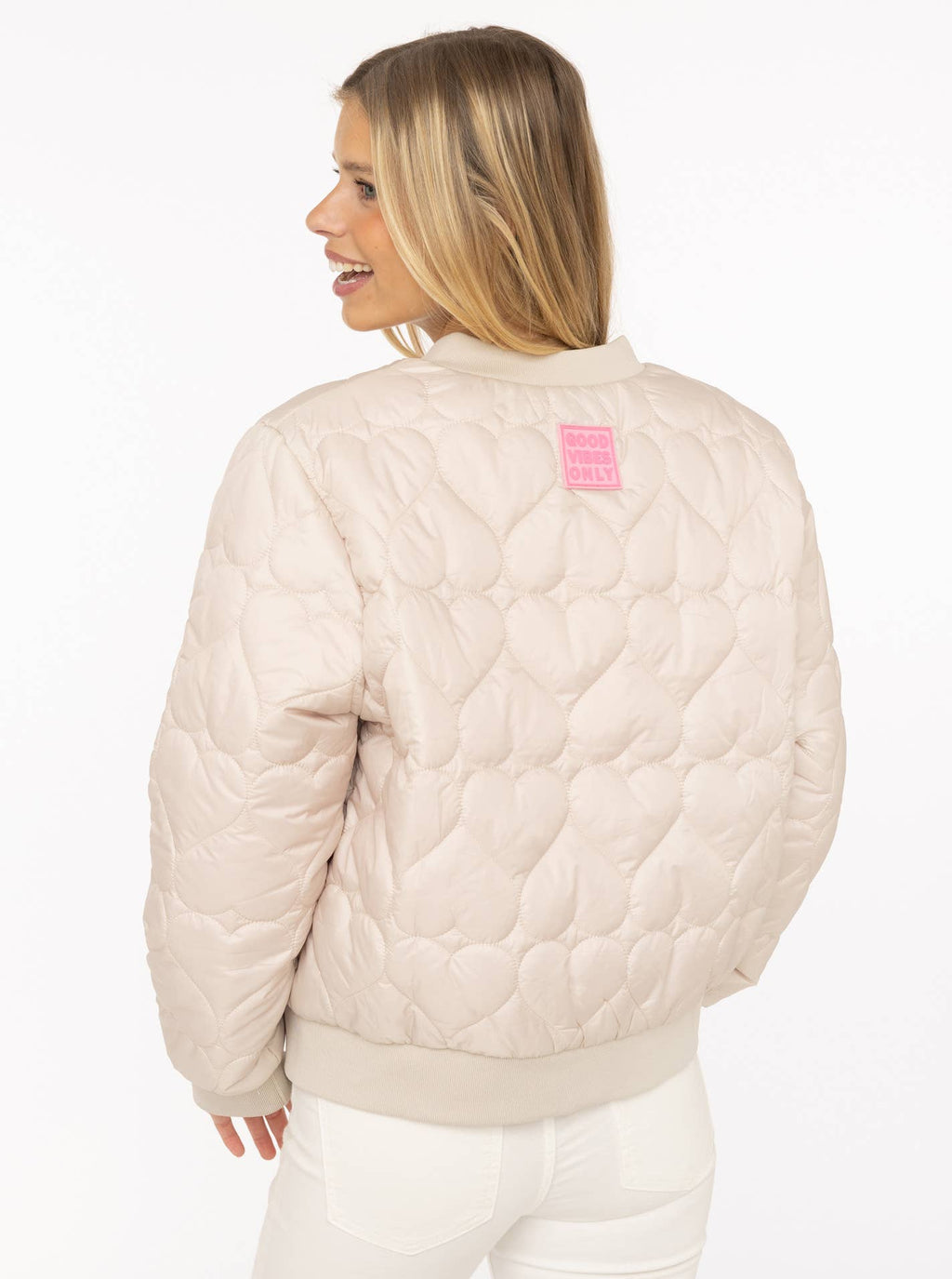 Zwillingsherz Bomberjacke "Be Happy": Beige | M/XL