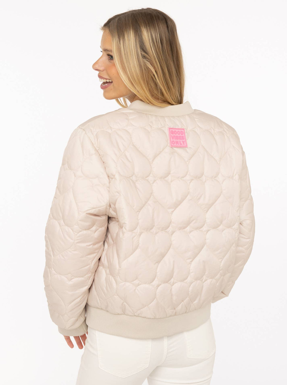 Zwillingsherz Bomberjacke "Be Happy": Beige | M/XL