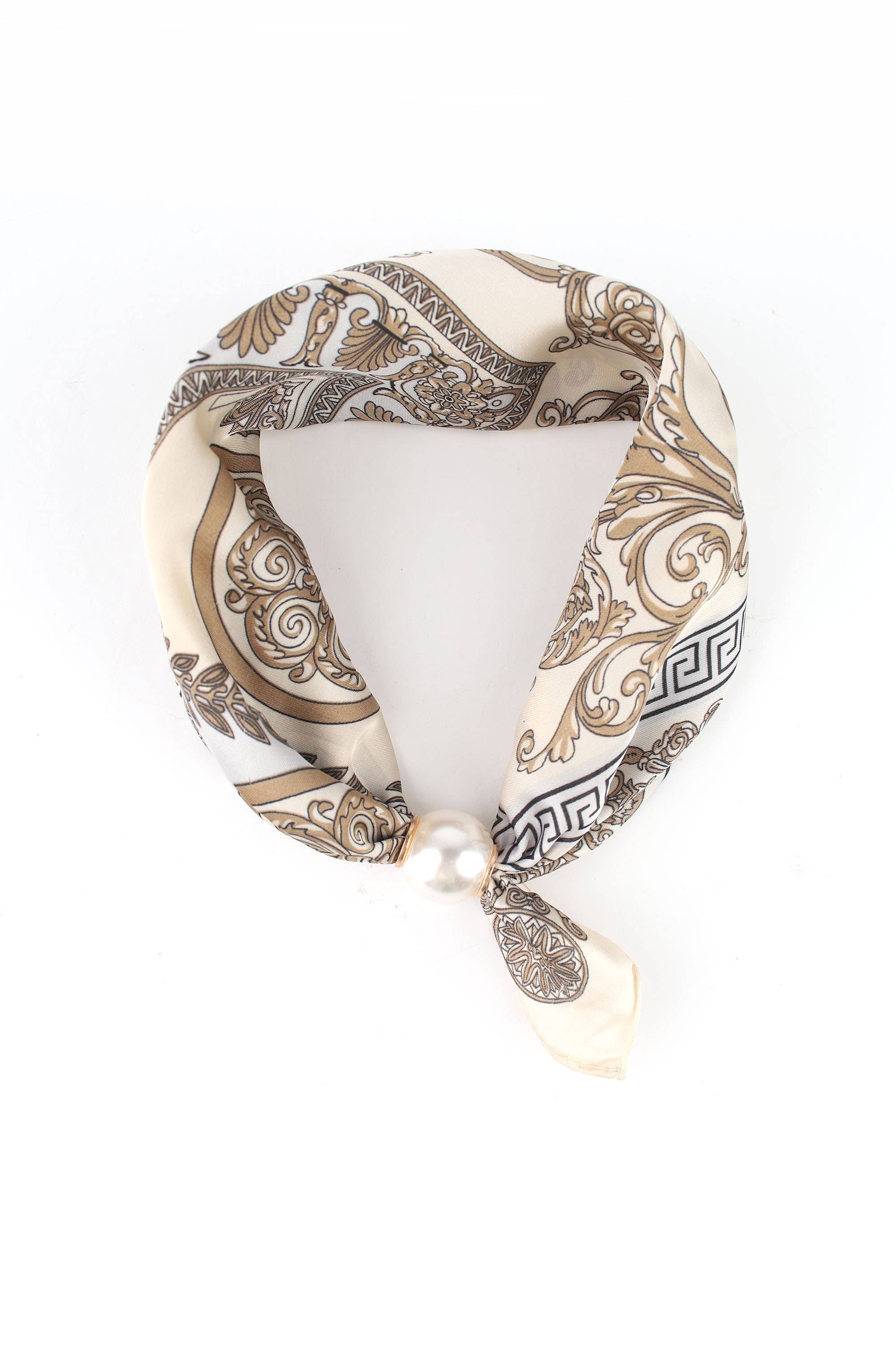Barock bedruckter Satin-Halsfoulard mit Magnetperle |  Beige