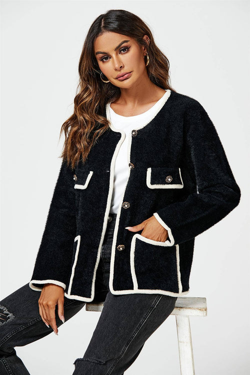 Elegante Boucle-Jacke  im Chanel-Stil | Schwarz-Weiß mit weißen Kontrasten |  Gr. 44