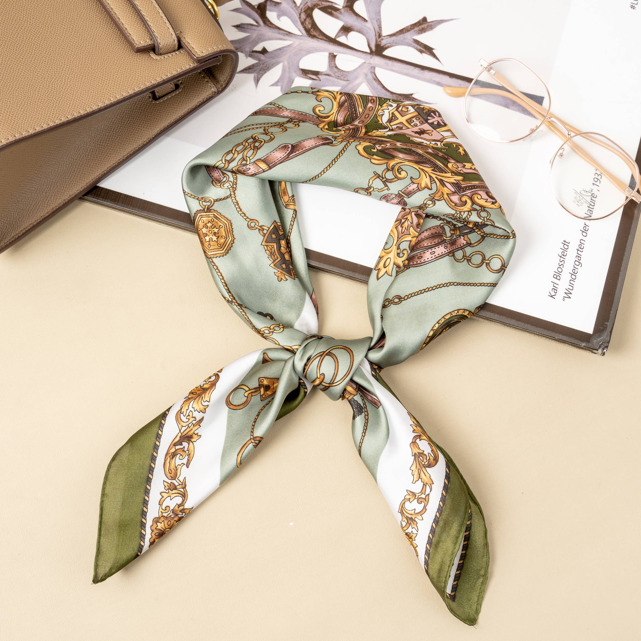 Elegantes quadratisches Halstuch  | 70x70 Seideneffekt |  Kettenmuster Barock-Stil in Khaki