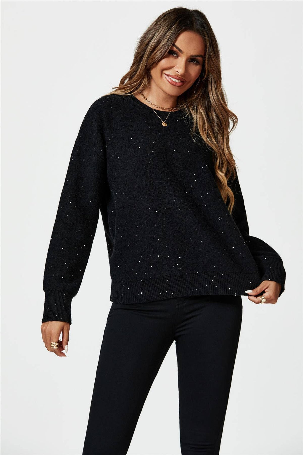 Pailletten-Pullover-Top in Schwarz: Schwarz / 42-44