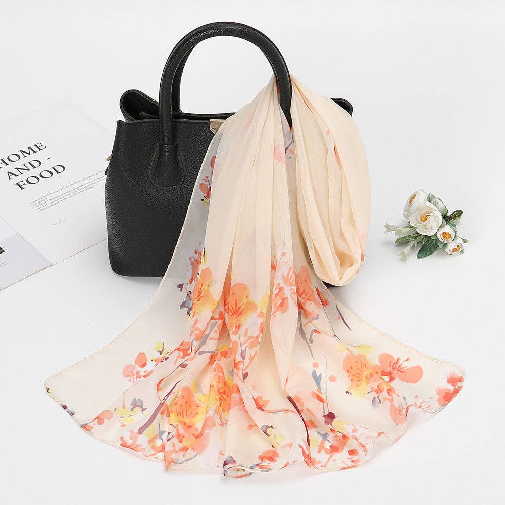 Leichter Chiffon-Schal mit floralem Muster | Hellgelb-Orange | 150 cm