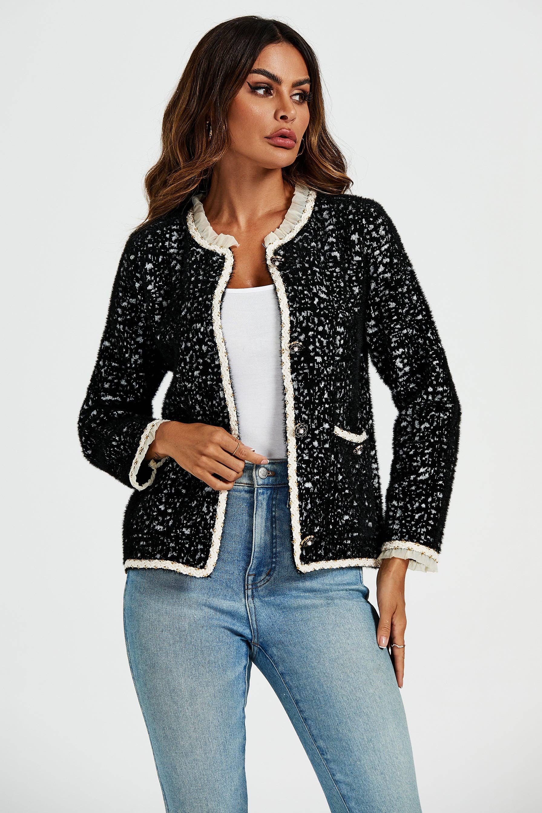 Bouclé-Jacke in Schwarz mit Leopardenmuster und Spitzenbesatz