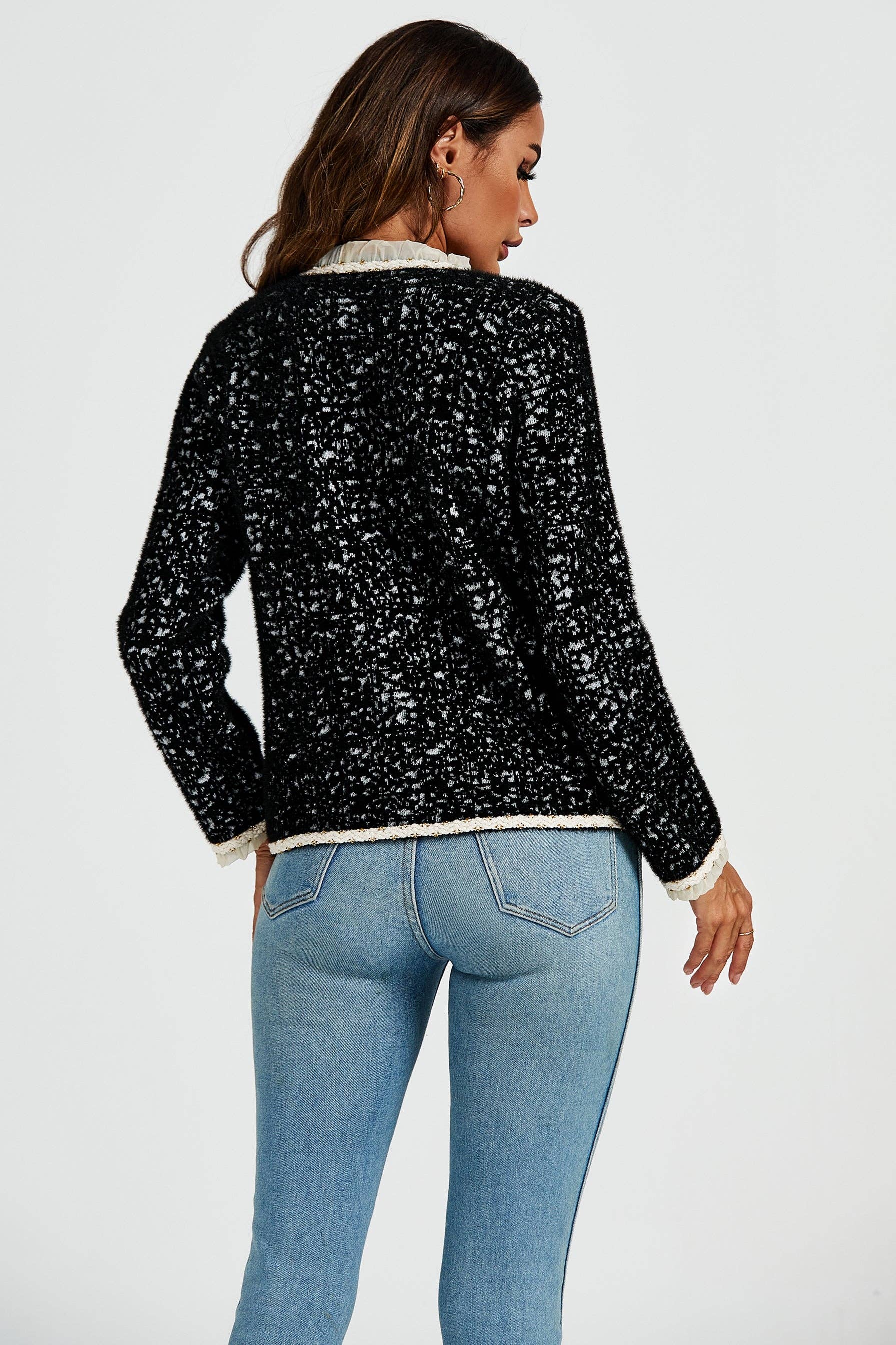 Bouclé-Jacke in Schwarz mit Leopardenmuster und Spitzenbesatz