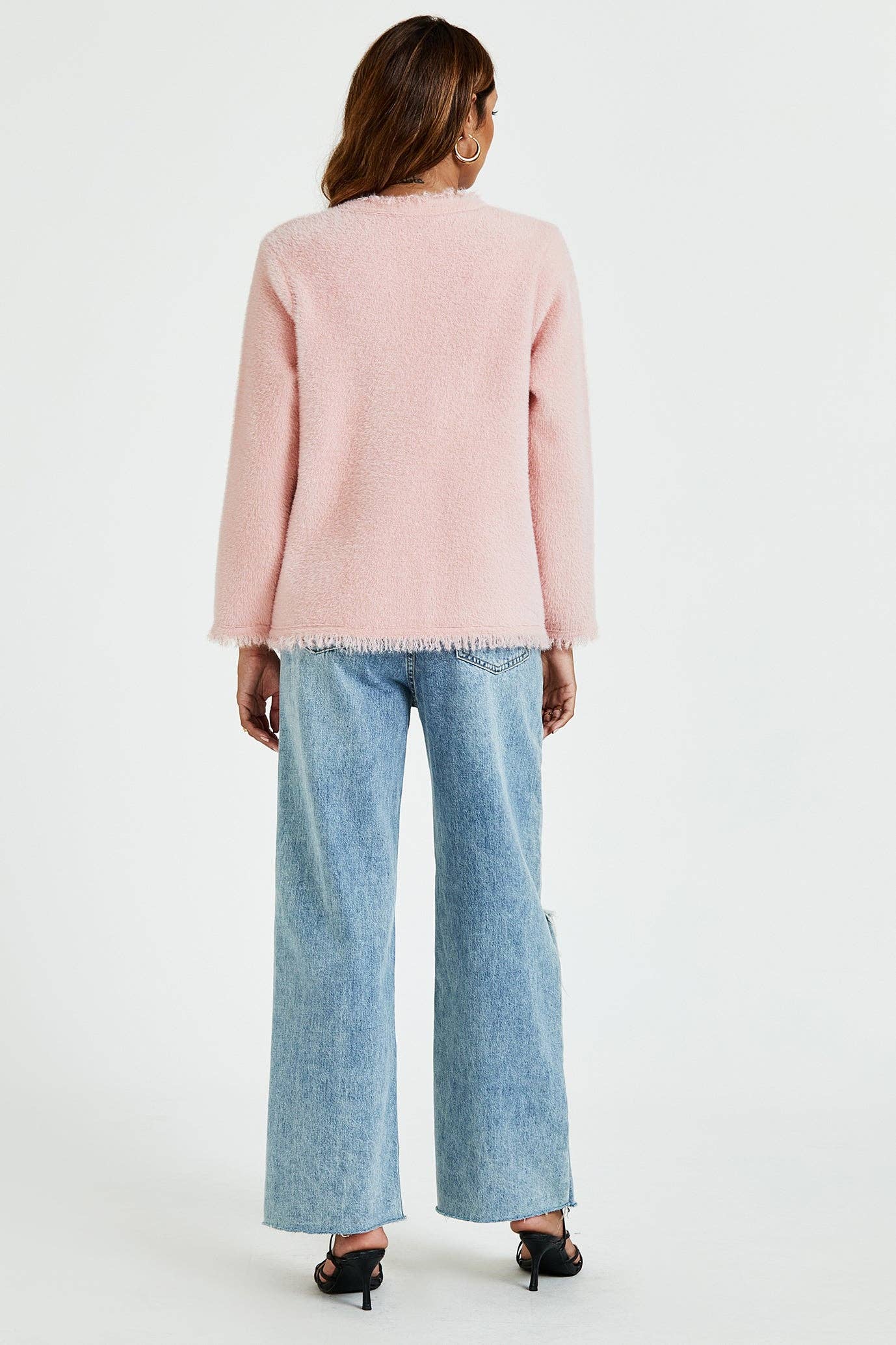 Bouclé-Jacke mit Fransen aus Baumwollmischung in Pink Gr. L