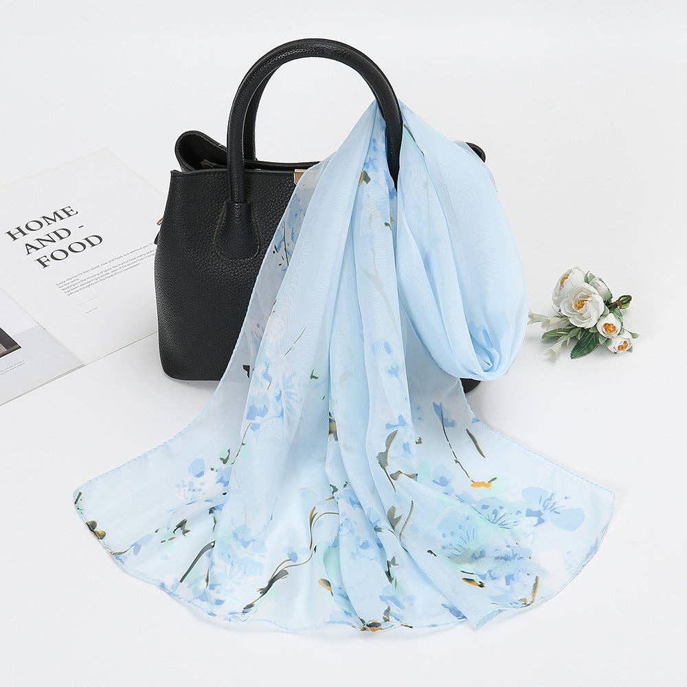 Leichter Chiffon-Schal mit floralem Muster | Hellblau  |  150 cm